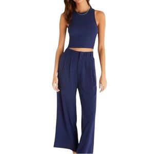 Z Supply NWT Navy High-Rise Wide Leg Pants Linen Blend Large Coastal Chic